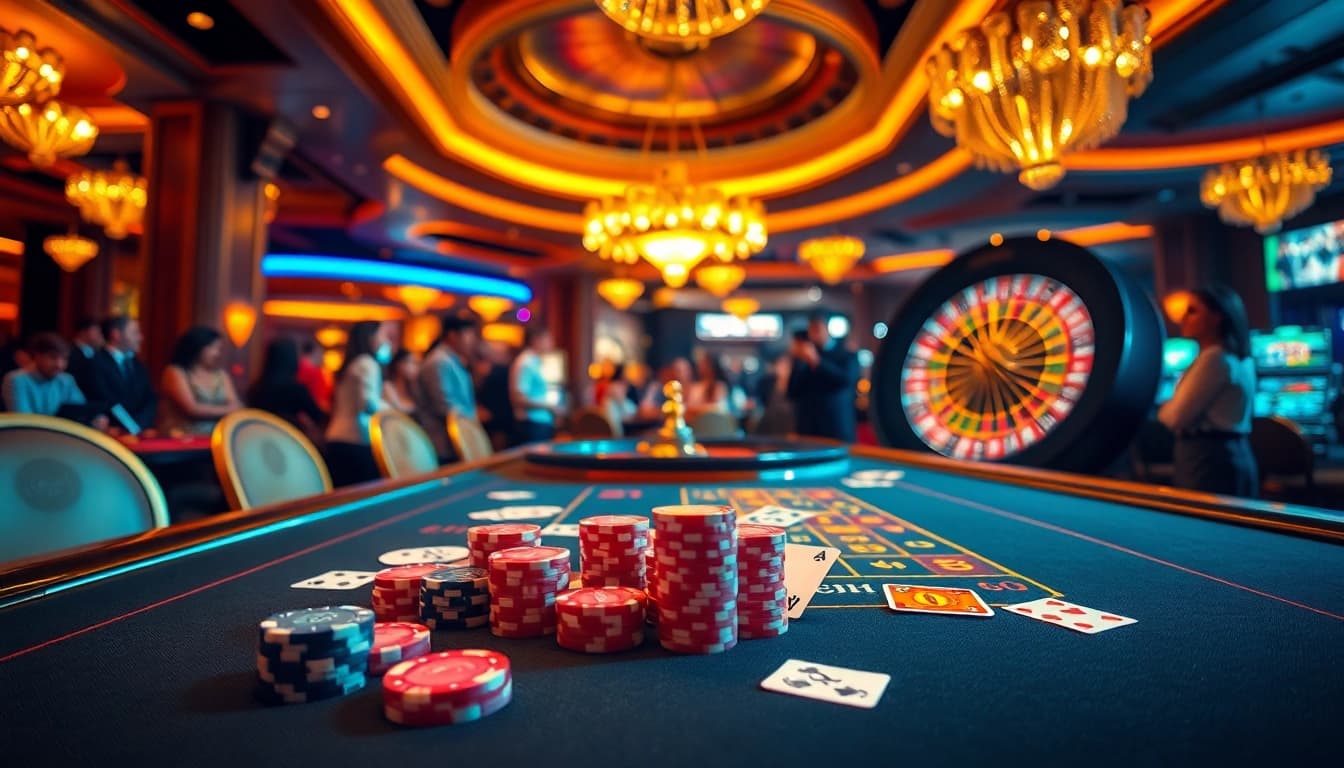 B52-themed casino gaming table with vibrant chips and cards, evoking excitement in gamblers.