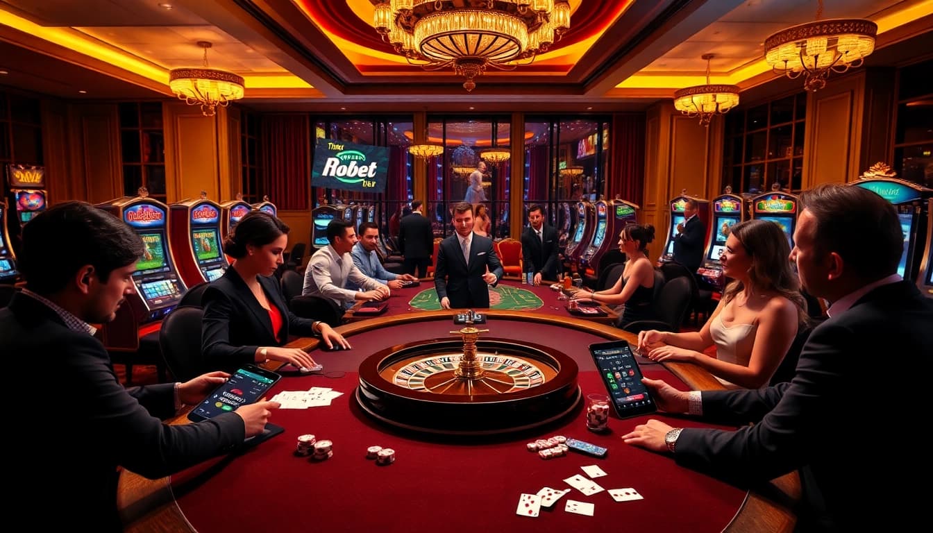 Engaged players enjoying gambling action at https://thabet.vegas/ with poker chips and roulette in a luxurious casino.