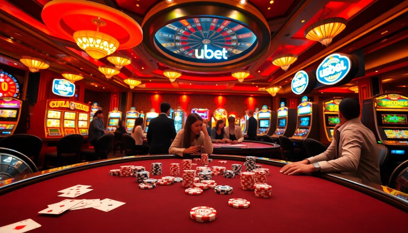 Players enjoying a thrilling game at the USBET poker table with vibrant casino atmosphere and luxurious details.
