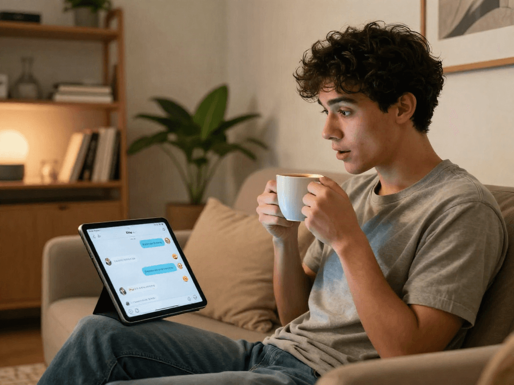 User engaging in porn AI chat on a tablet in a modern living room, showcasing technology and comfortable ambiance.