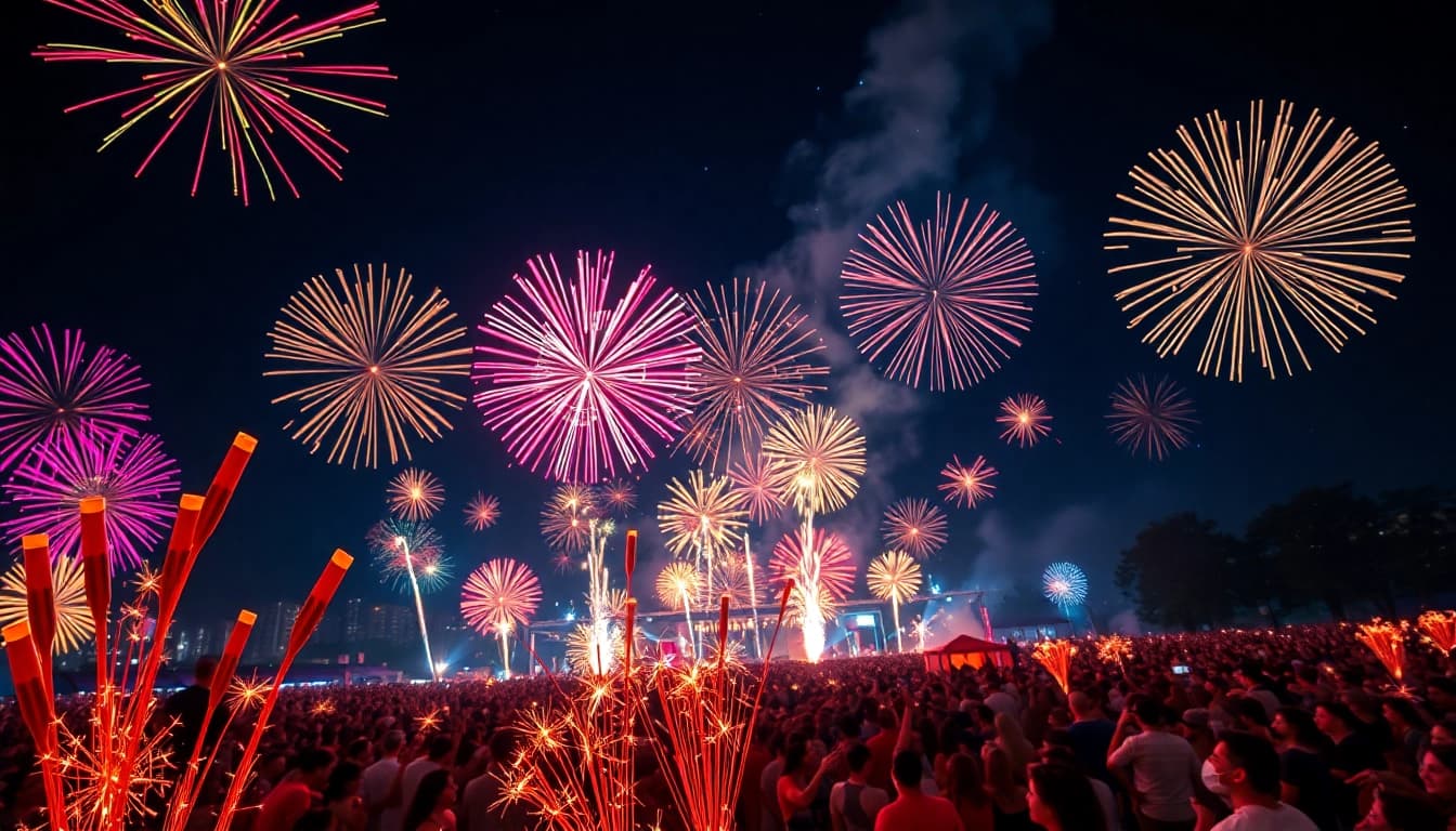 Engaging display of wholesale fireworks illuminating the night sky at a festive gathering.