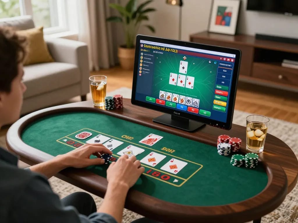 LUCK8 player enjoying a live dealer blackjack game on tablet at home, highlighting modern gaming setup