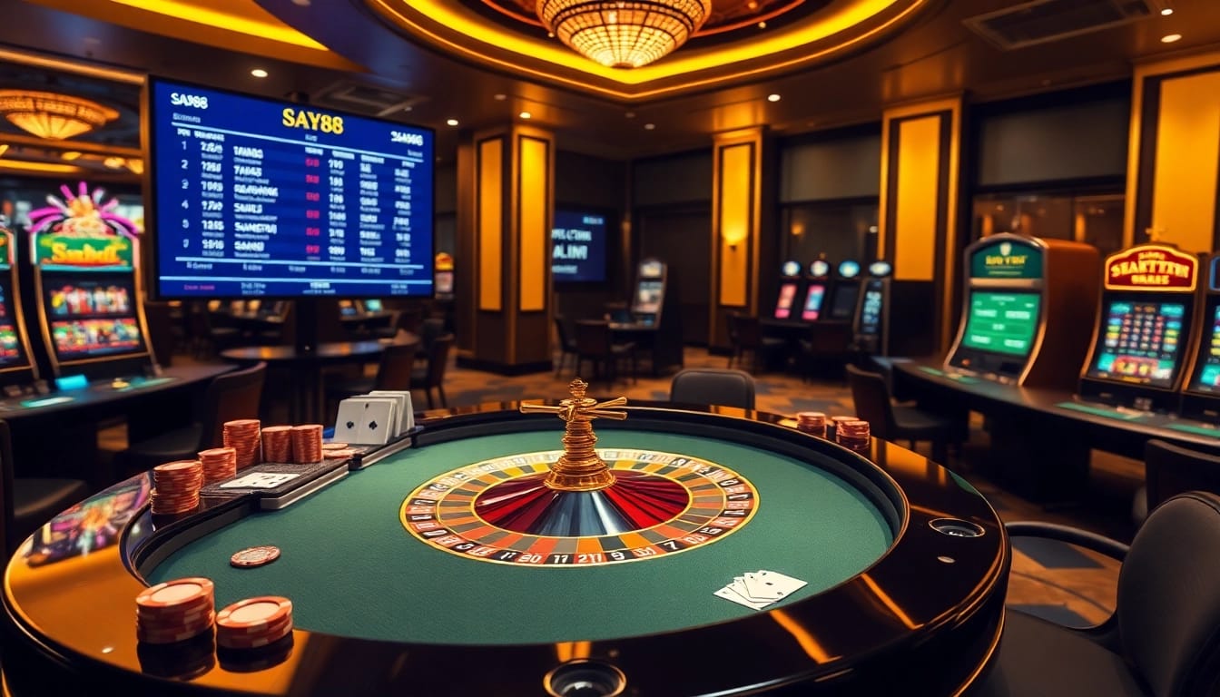 SAY88 online poker table with vibrant chips and live betting display.