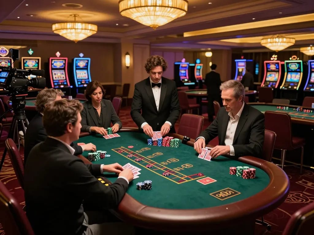 Players experiencing game đổi thưởng uy tín at a luxurious blackjack table with vibrant casino atmosphere.