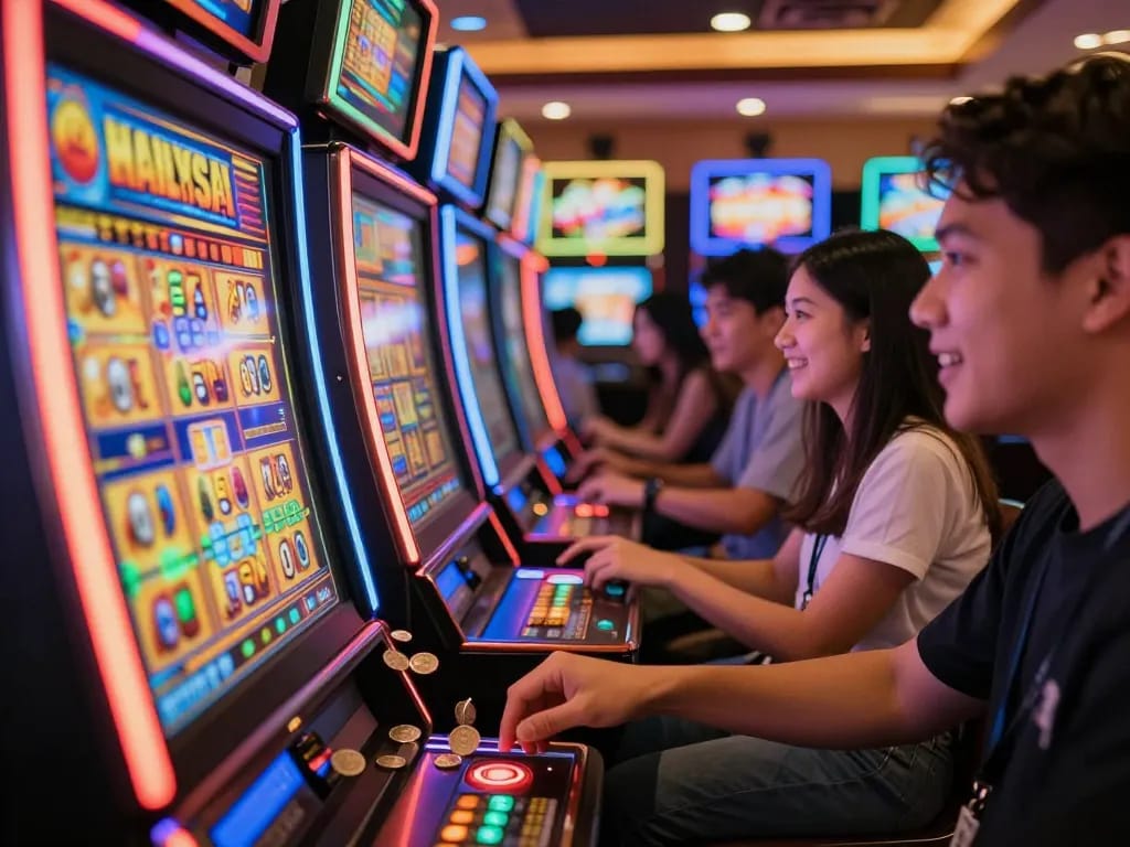 Engaged players enjoying Slot Malaysia with vibrant slot machines lighting up the casino.