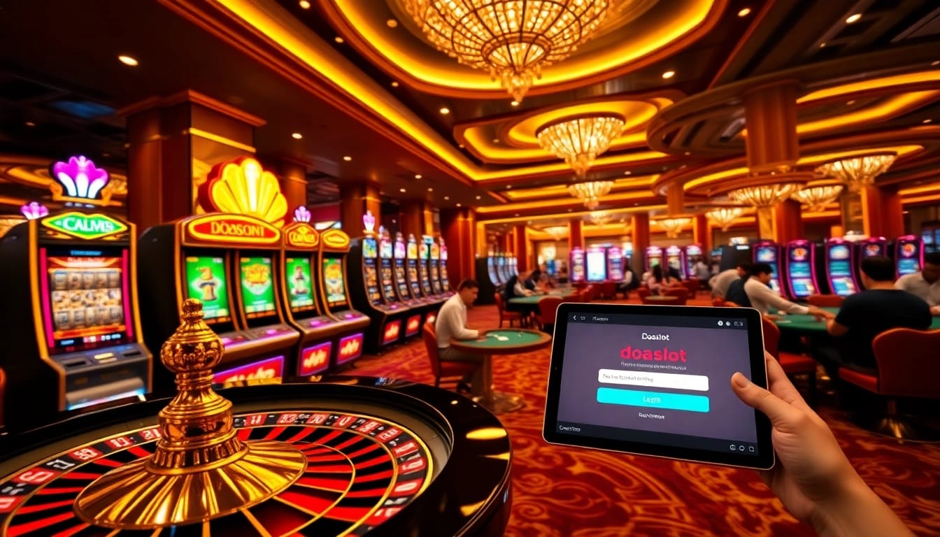Players experiencing the excitement of doaslot login at a luxury casino with vibrant slot machines.