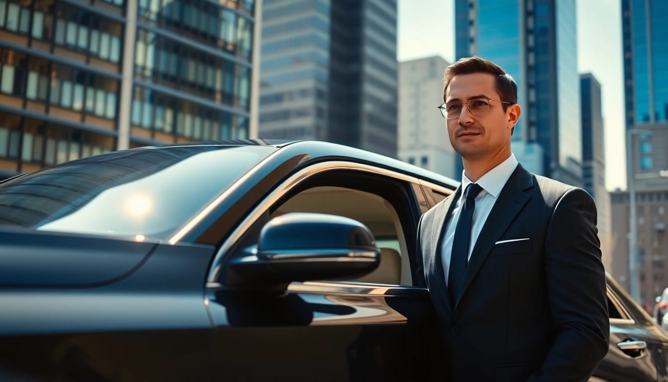 Experience chauffeur services near me with a professional driver and luxury vehicle in a vibrant city.