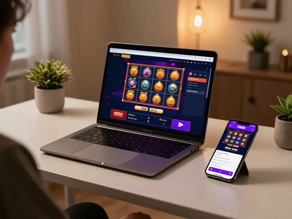 Player engaging with RR88 online casino on laptop, demonstrating dynamic gameplay and user-friendly app.