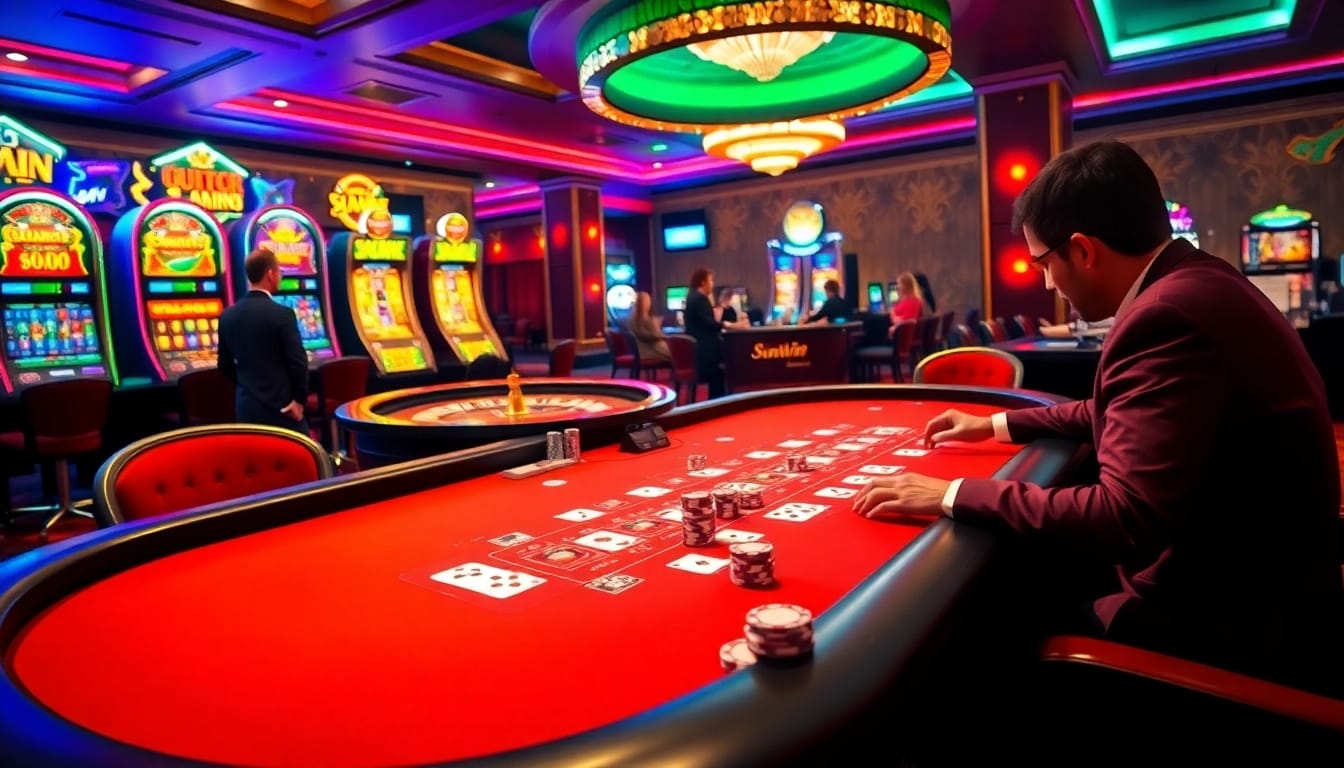 Sunwin casino scene with players at a poker table and a vibrant roulette wheel.