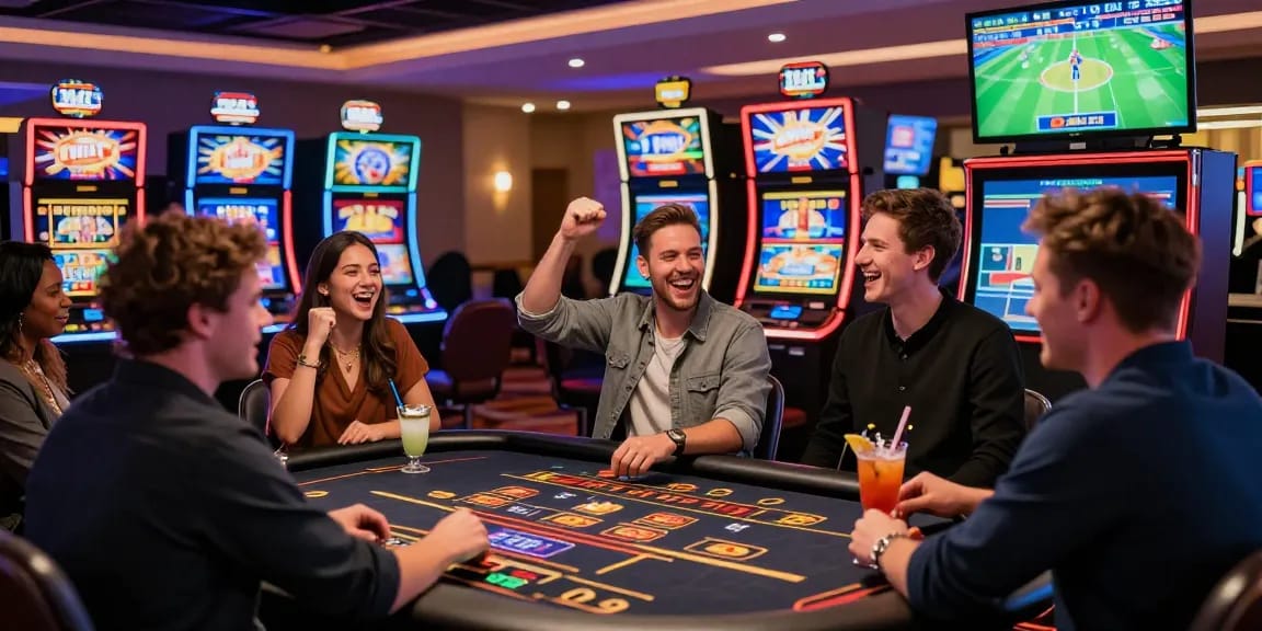 Exciting scene of players enjoying non UK casinos with live dealer games and vibrant slot machines.