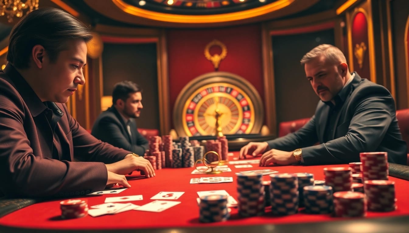 Players engaged in a strategic poker game at a casino table featuring link PS99 gambling chips and cards.