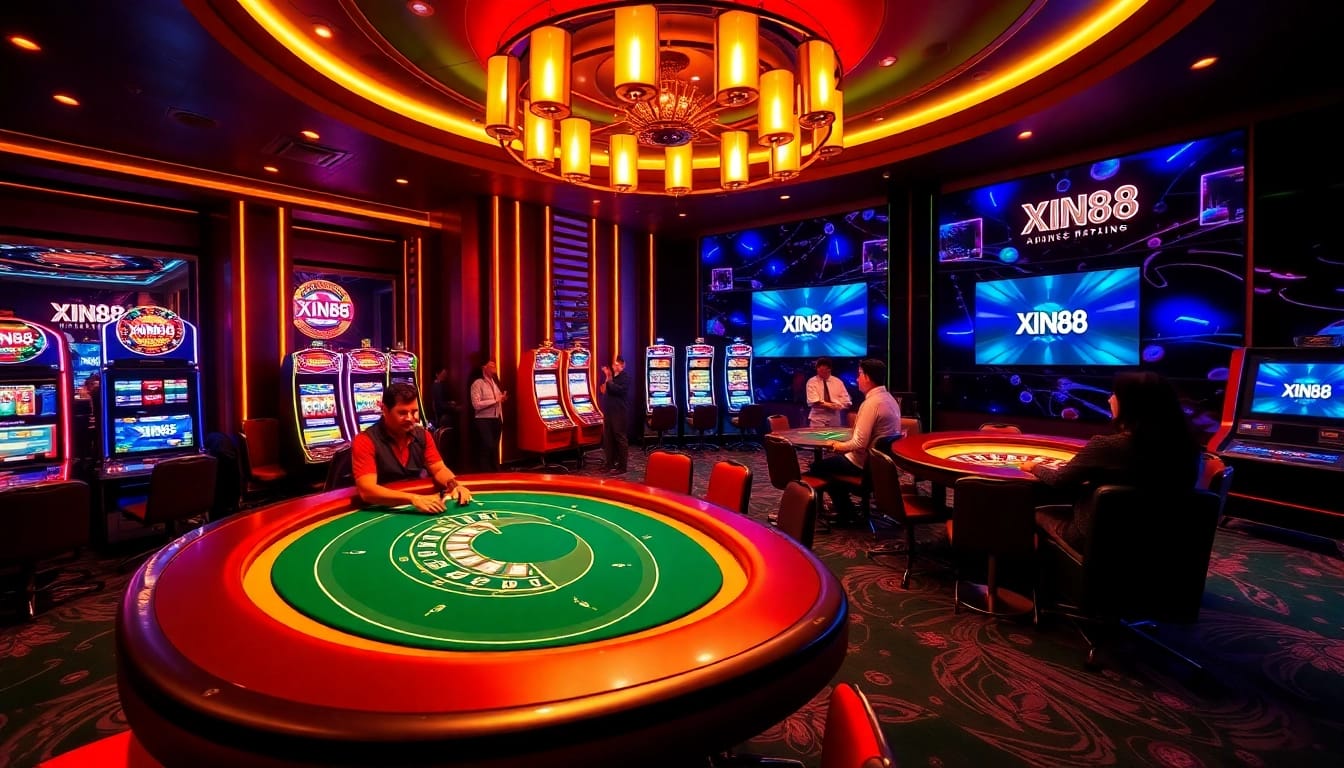 Players enjoy high-stakes poker at Xin88's luxurious casino, showcasing rich decor and vibrant energy.