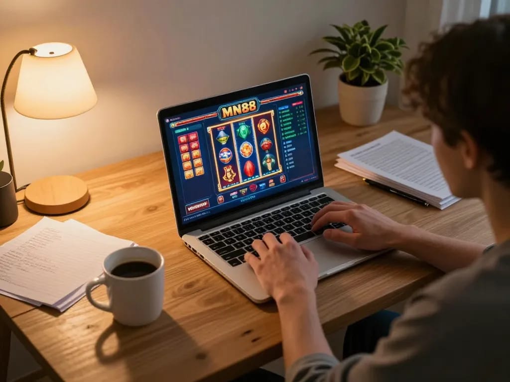 Engaged player strategizing winning tactics at the MN88 online casino, illustrating responsible gambling practices.