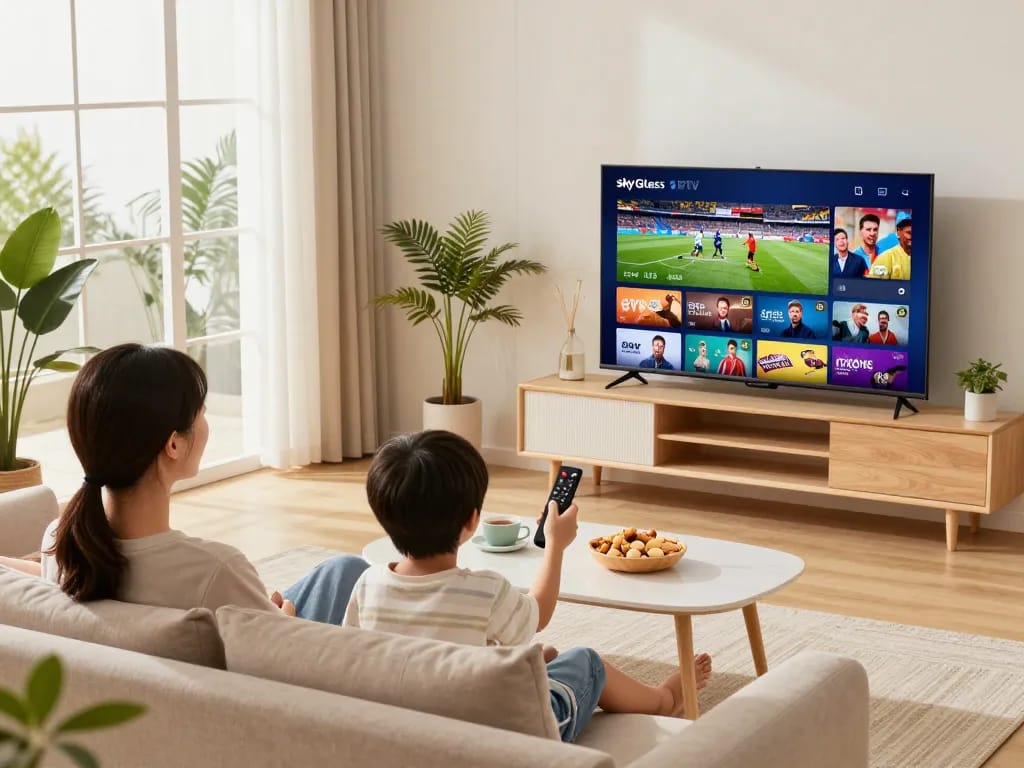Family enjoying Sky Glass IPTV Subscription in a cozy living room with a Smart TV.