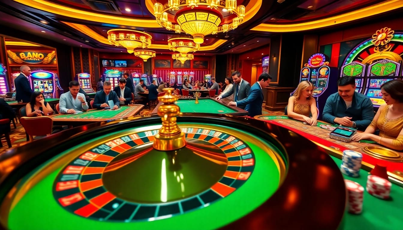 Gamblers enjoying a thrilling online experience at https://99wina.org/, surrounded by roulette and slot machines.