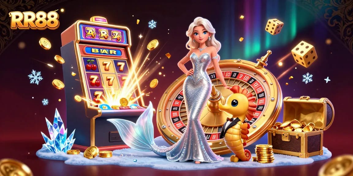 Experience the excitement of RR88 casino with a stunning roulette wheel alongside vibrant gaming elements.