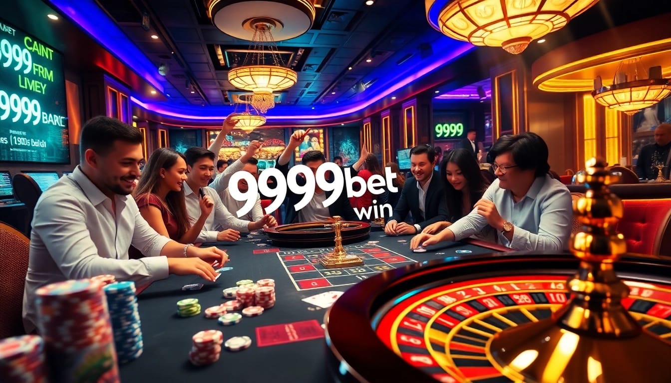 Players celebrating a big win at 999bet win poker table in a vibrant casino atmosphere.
