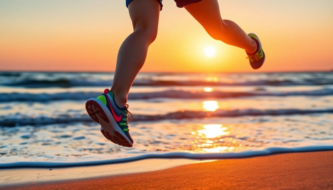 Dynamic scene of a runner embodying weight loss journey on a sunrise beach.