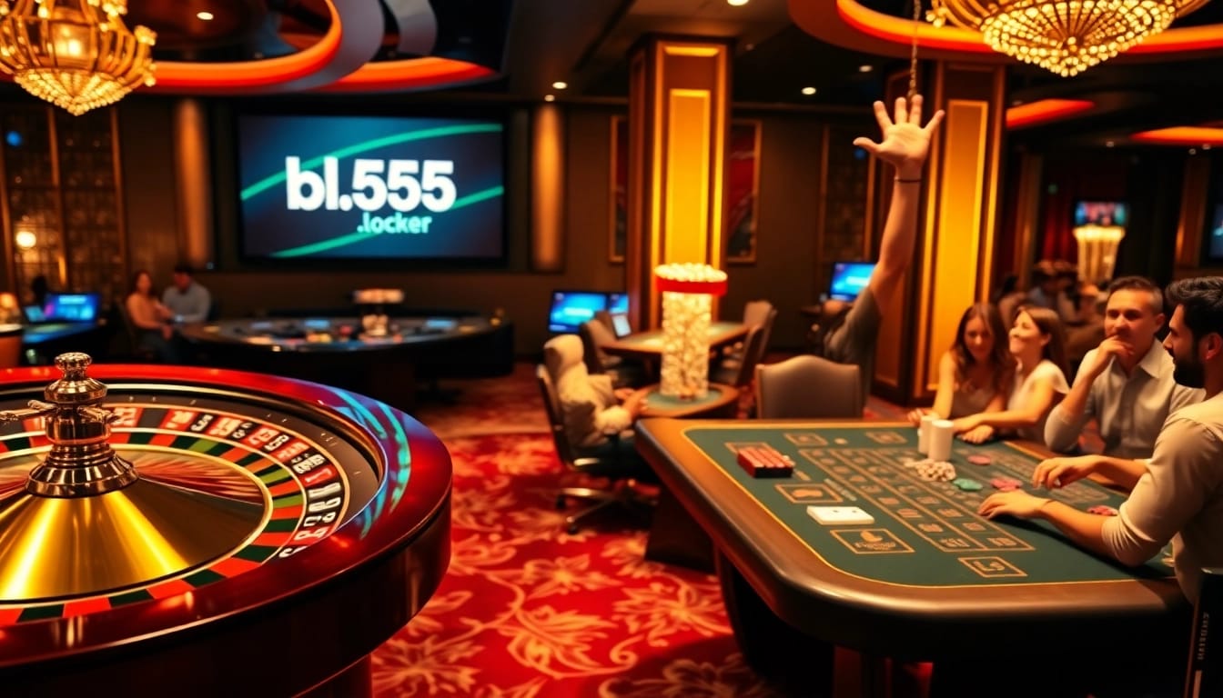 Experience a thrilling win at bl555.locker with illuminated casino tables and sparkling poker chips.