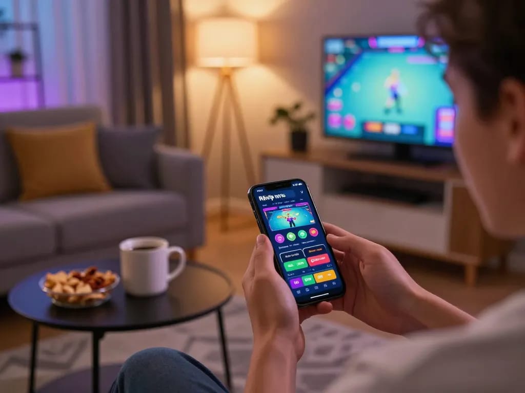 Playing casino games on the Rikvip mobile app with a cozy home setup.