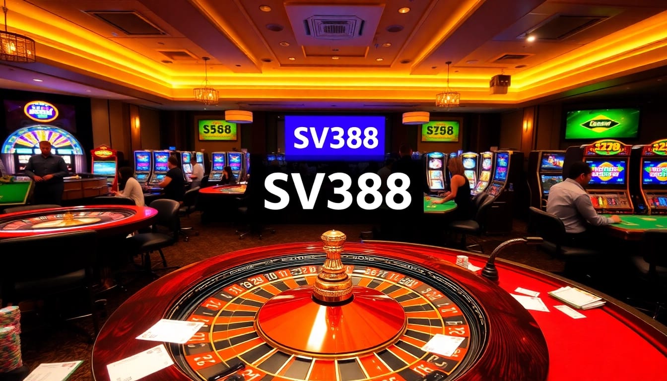 SV388 online casino atmosphere with excited players at tables and slot machines
