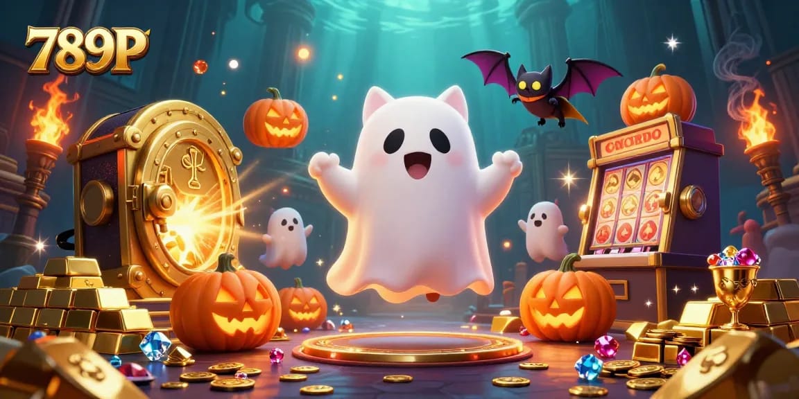 Spinning slot reels and glowing jackpots surround the 789P ghost cat in a vibrant casino scene.