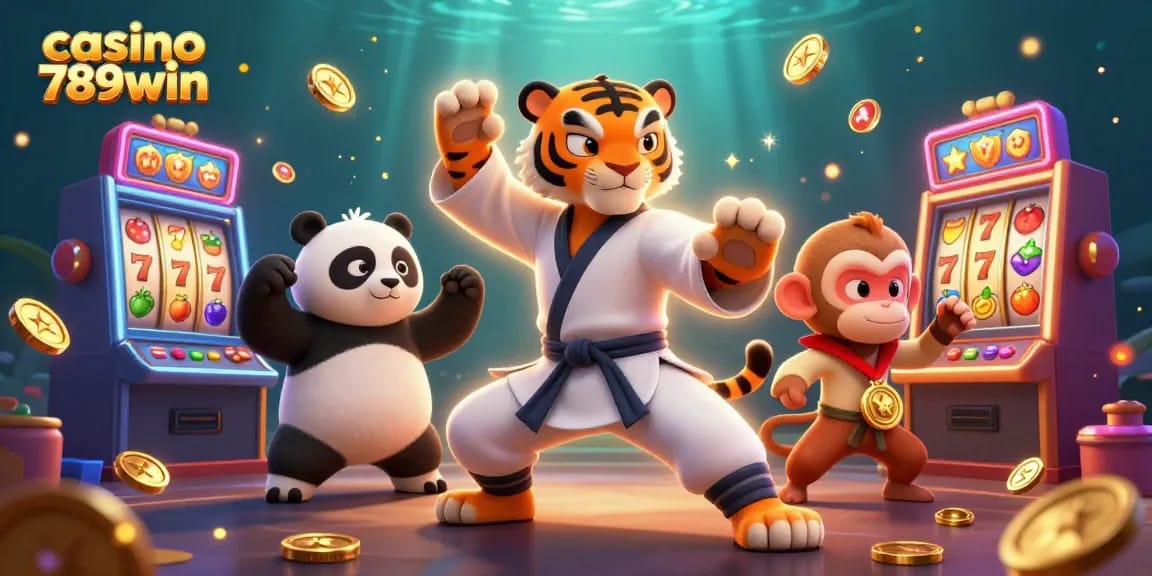 casino 789win showcases fun slot games with playful characters in an exciting 3D illustration.