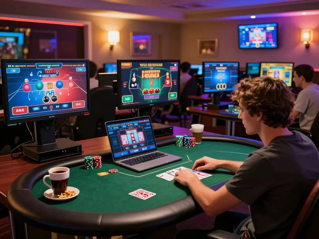 Engaging in poker gameplay on Okfun's online casino platform, showcasing dynamic gameplay and responsible gaming.