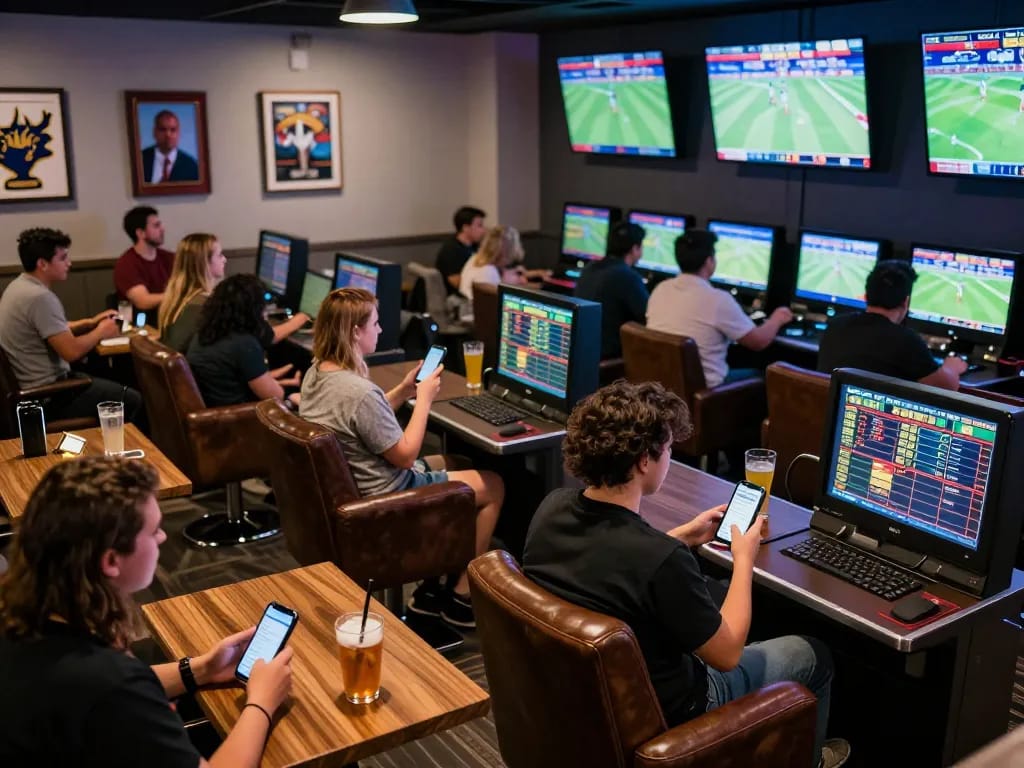 UU88 offers vibrant sports betting excitement in a stylish lounge filled with enthusiastic gamblers.