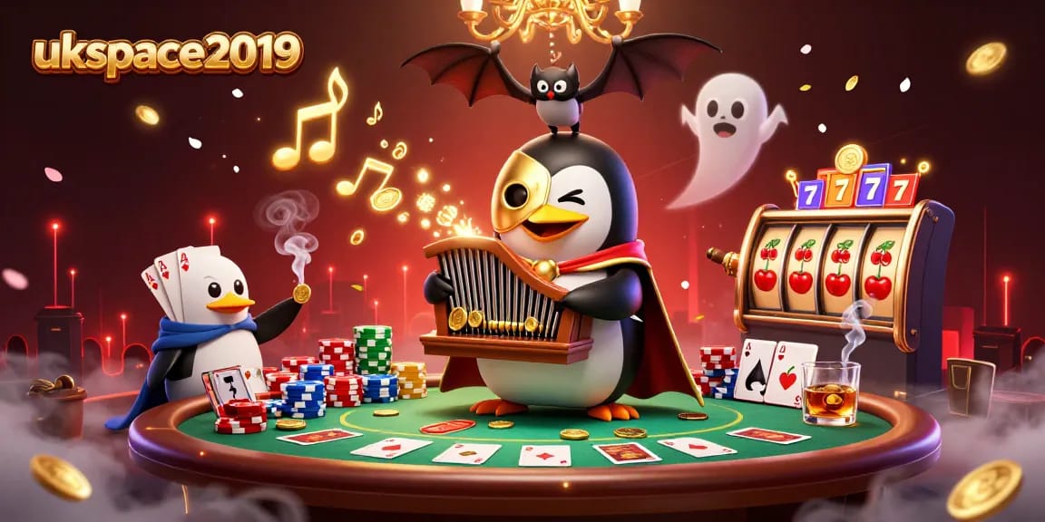 Engage with the vibrant casino scene in the ukspace2019 illustration featuring a phantom penguin and dynamic gaming elements.