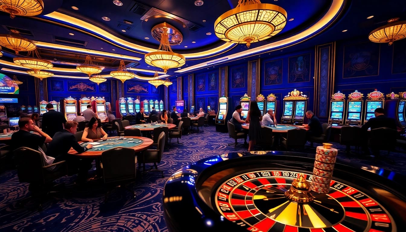 Engaged players at https://rikvip368.com enjoying poker while dazzling lights reflect on classic gaming tables.