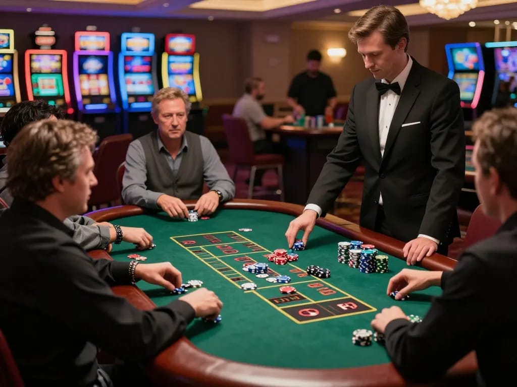 VIC88 players enjoying a thrilling blackjack game at a vibrant casino, showcasing strategy and excitement.