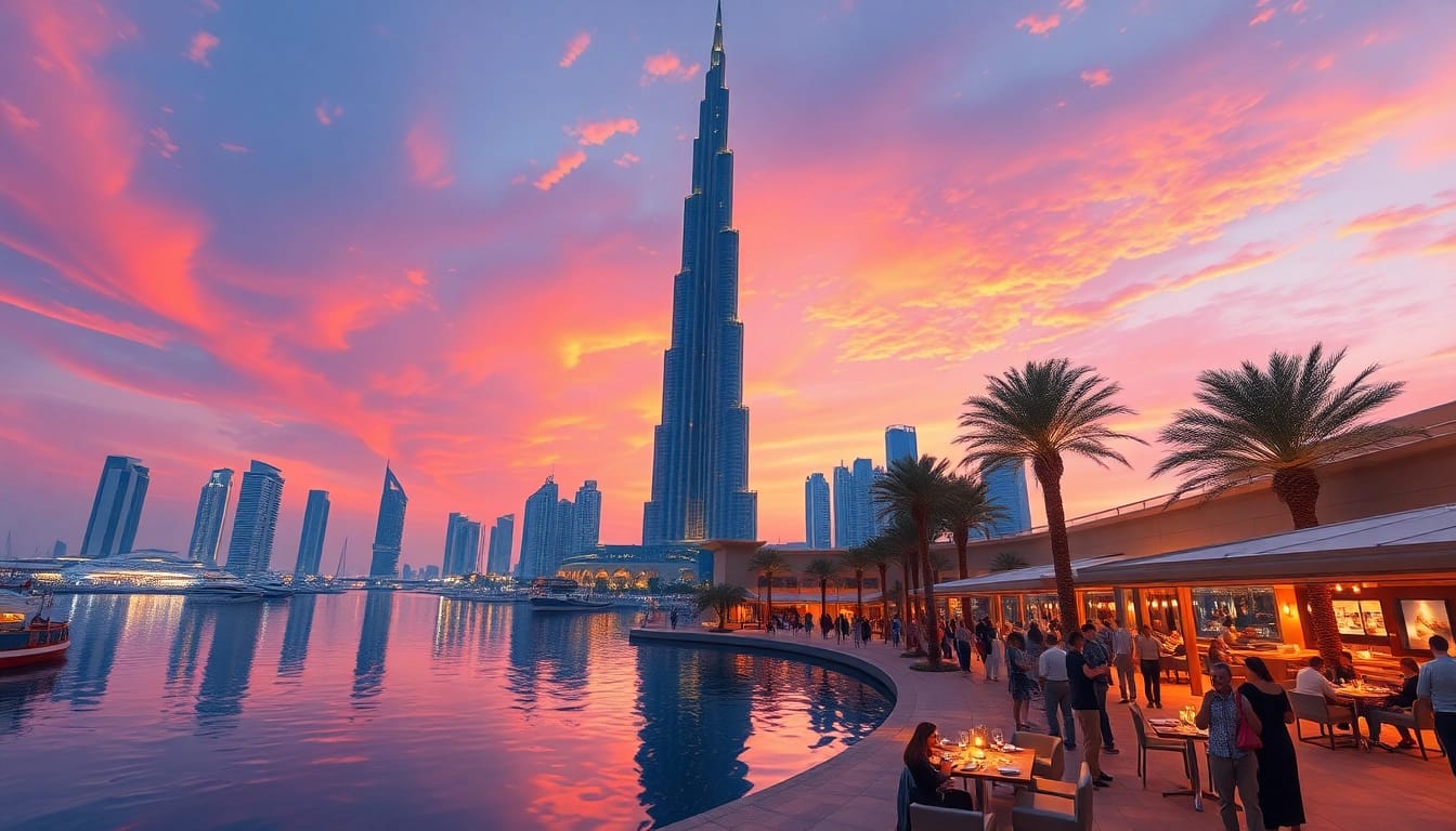 Experience the allure of travel to Dubai with the majestic Burj Khalifa at sunset, encapsulating the city's vibrant culture.