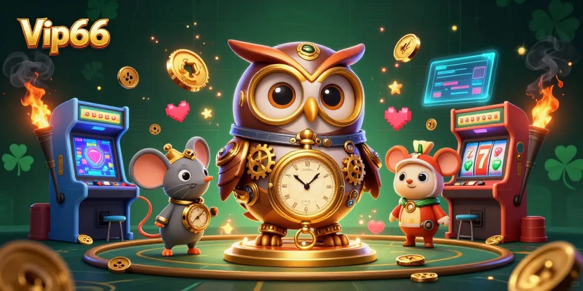 Engage with the dynamic gaming experience at Vip66 illustrated with a time-traveler owl and arcade elements.