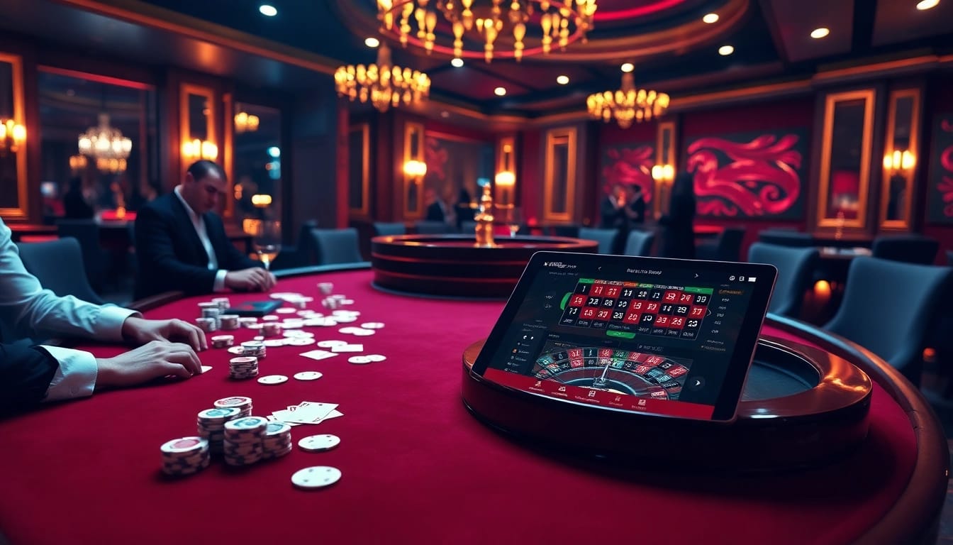 Experience the excitement of king79 at a luxurious casino gaming table with cards and chips.