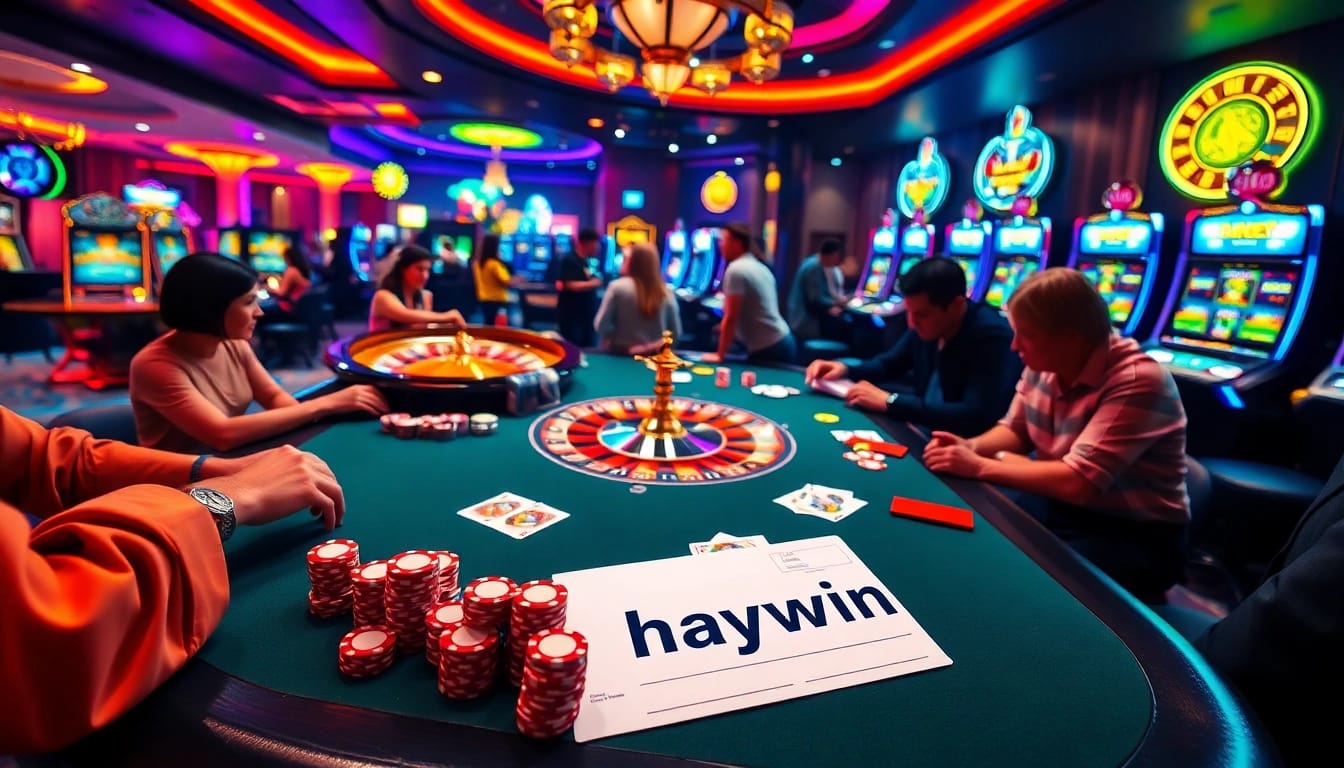 Engage in thrilling gambling at the haywin poker table with vibrant chips and cards.