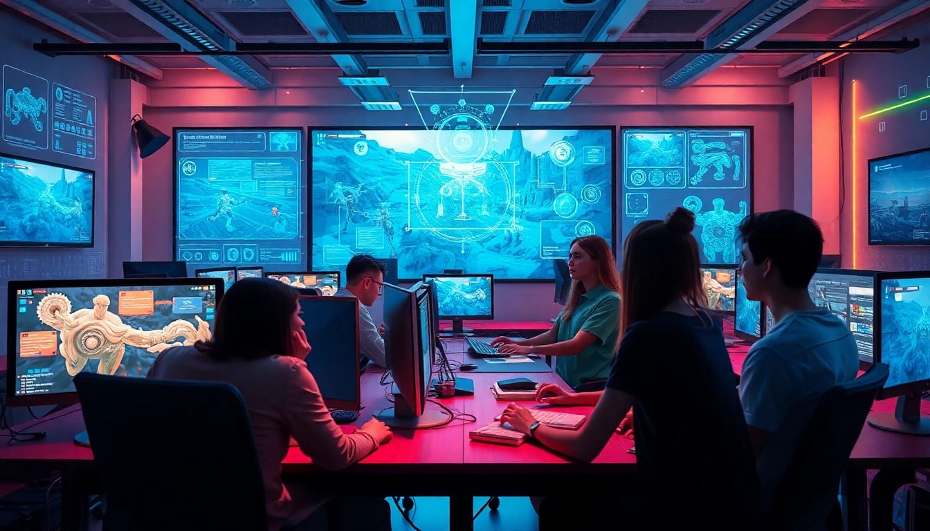 An innovative game AI development scene featuring diverse developers using advanced technology to create engaging game mechanics.