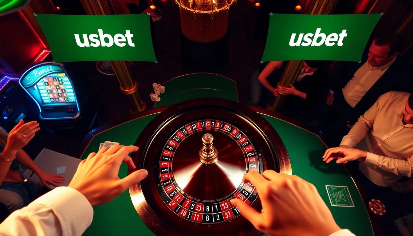 Players enjoying high-stakes games at a luxurious usbet casino with roulette and cards.