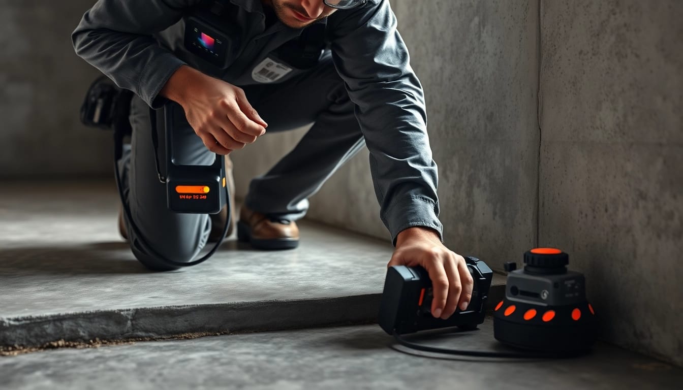 Technician detecting a leak in concrete floor with advanced technology.