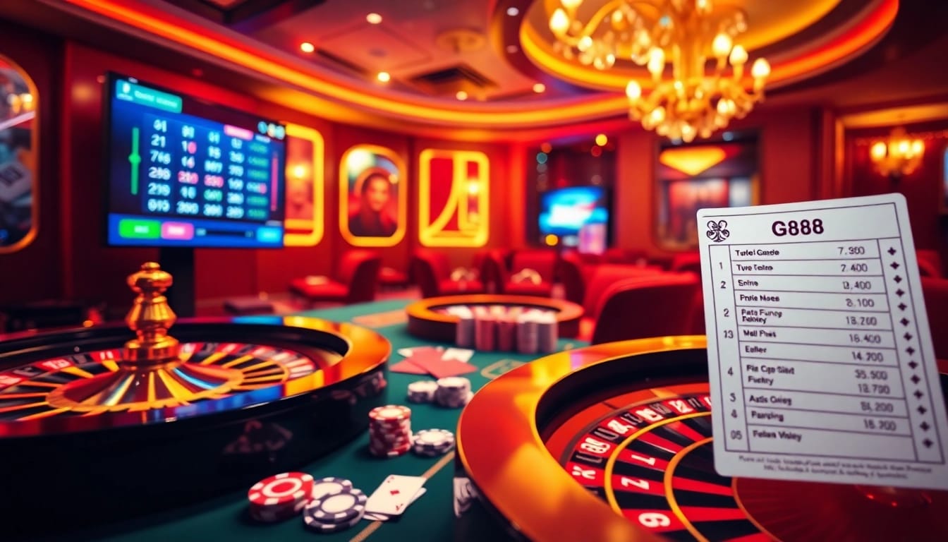 Betting at a luxurious casino table with g88 chips and cards in a thrilling environment.
