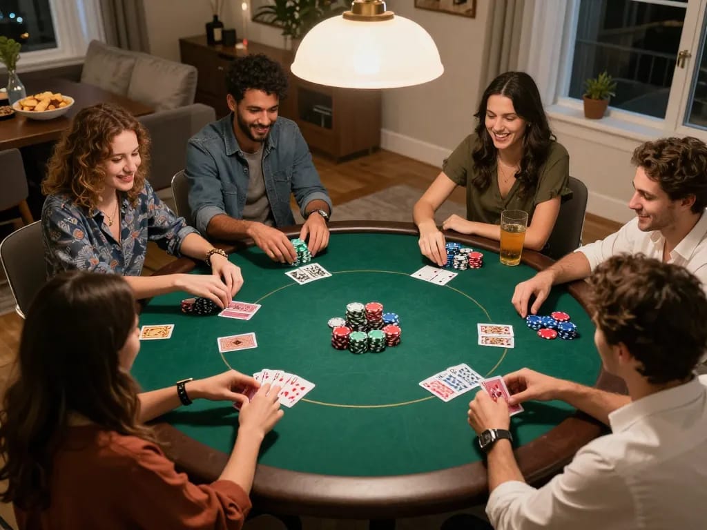 Bạn bè tận hưởng một trò chơi poker thú vị tại nhà, làm nổi bật lối chơi chiến lược và tương tác xã hội xung quanh bàn với 12bet.