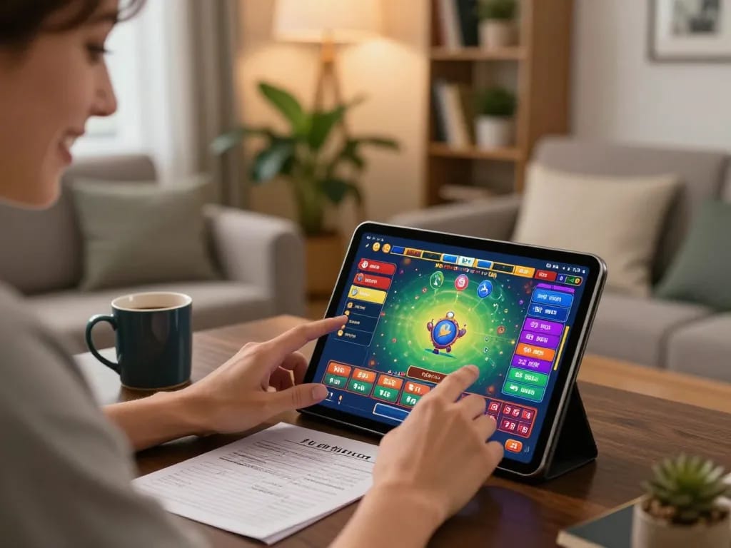 LUCKYWIN player enjoying an online casino game while strategizing in a cozy home setting