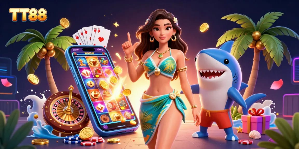 Join the excitement at TT88 with vibrant slot games and rich casino elements showcased in a tropical paradise.