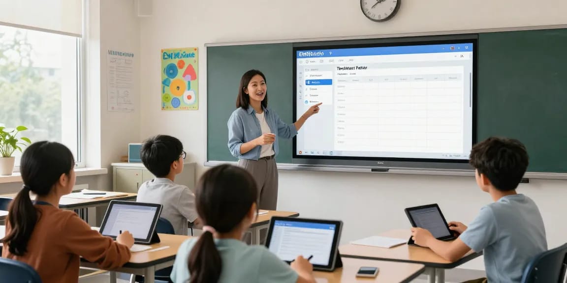 An interactive classroom scene using EMStudio, an online teacher planner, showcasing students engaging with an online lesson planner for effective teaching.