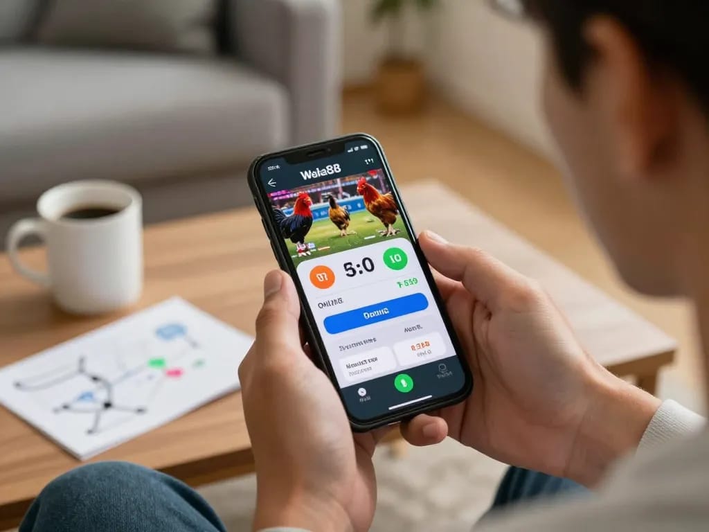 Household scene with a player using the Wala88 app for live betting on chicken fights, showcasing a comfortable and responsible gaming environment.