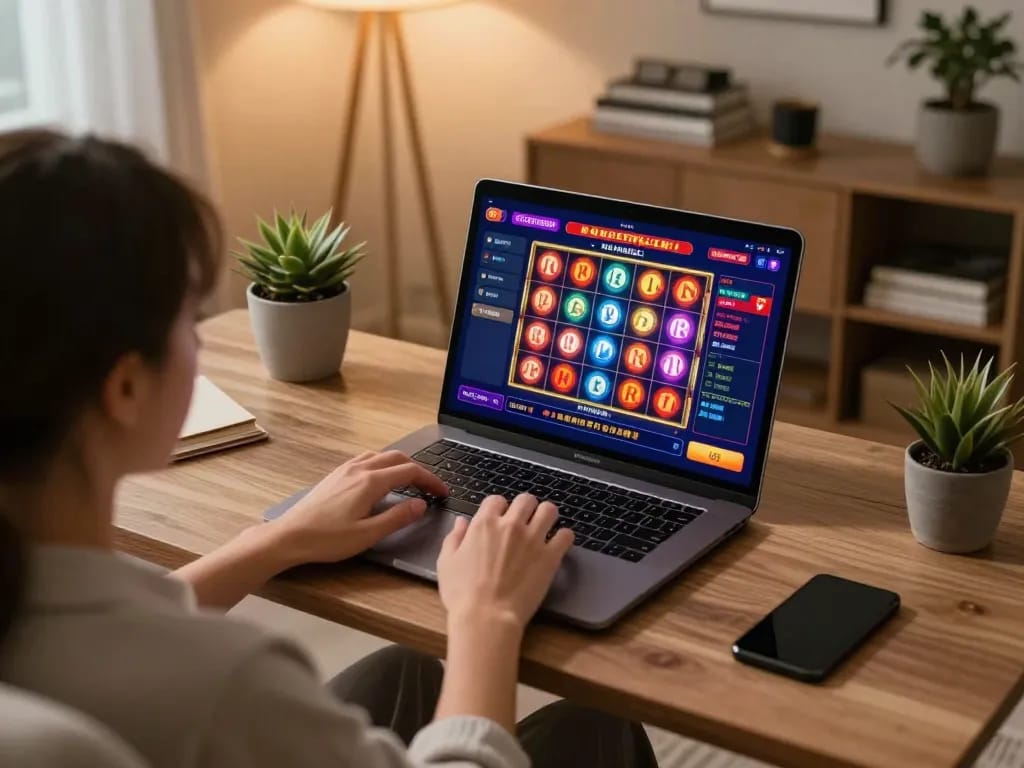 Go8 player enjoying online slots gameplay in a cozy home office with vibrant screen.