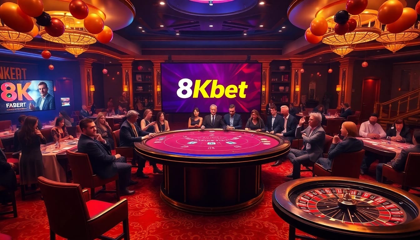 Exciting poker game at 8kbet cc casino with glamorous atmosphere and vibrant decorations.