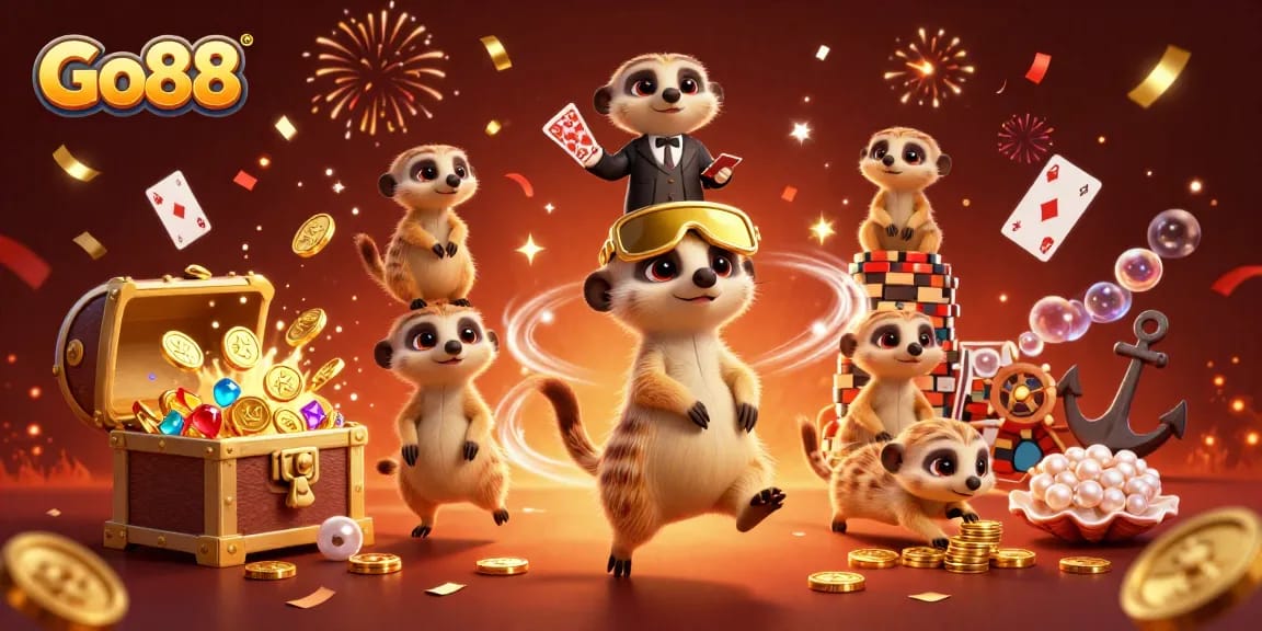 Experience the excitement of Go88 with meerkats orchestrating a vibrant casino scene rich in gaming elements.