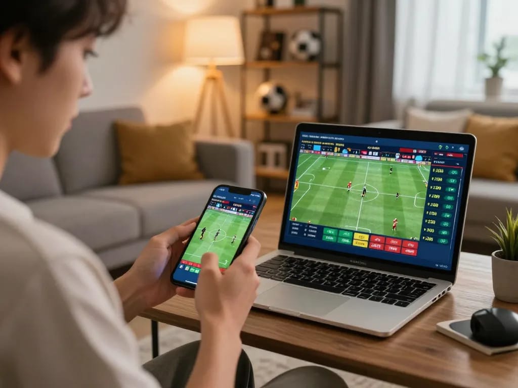 Betting on cm88 through smartphone with live scores displayed at home.