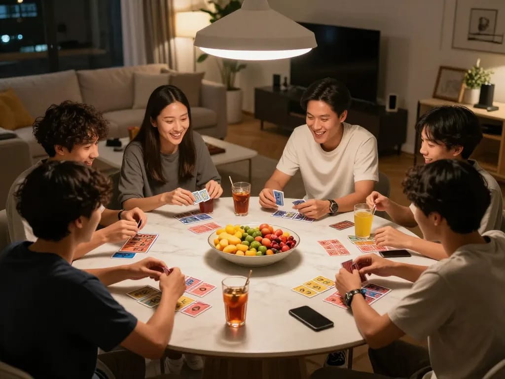 Friends enjoying a game bài night at home, engaged in friendly competition with cards and chips